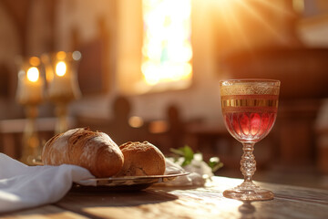 Communion elements on a church altar, Close-up of bread and wine