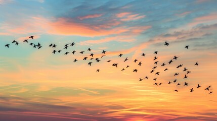 Wings of Unity: Migrating Birds in V-Formation Against a Breathtaking Sunset AI Generated