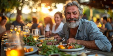 Joyful Gathering: A Smiling Bearded Man Enjoying a Summer Evening Dinner with Friends, Embodying Warmth and Togetherness, Generative AI