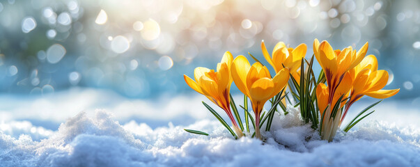 Yellow crocuses grow in the garden under the snow on a spring sunny day. Panorama with beautiful primroses on a brilliant sparkling background. - obrazy, fototapety, plakaty