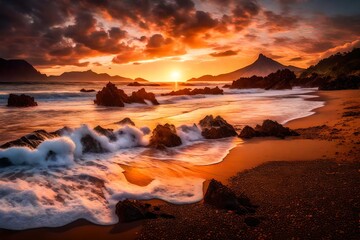 An awe-inspiring sunset on the beach, with a vast horizon, isolated figures in the far distance, the shore adorned with spectacular foamy waves,