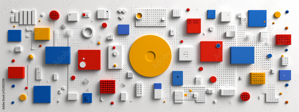Poster vibrant kaleidoscope: an abstract fusion of colorful objects on a clean white canvas