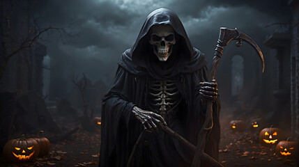 In the eerie ambiance of Halloween, Death emerges with a scythe, embodying the spectral essence of the holiday's haunting traditions.