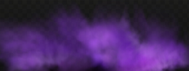 Scary mystical  violet fog in night Halloween. Purple poisonous gas, dust and smoke effect.Realistic neon magic mist steam on a transparent dark background. - obrazy, fototapety, plakaty