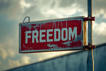 Verwitterte Freiheit: Heruntergekommenes Schild mit der Aufschrift 'FREEDOM' verströmt nostalgische Authentizität und erzählt Geschichten vergangener Zeiten auf verlassenem Gelände. - obrazy, fototapety, plakaty