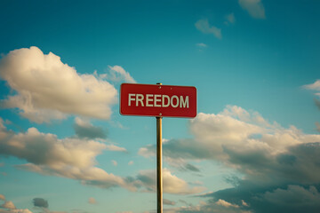 Verwitterte Freiheit: Heruntergekommenes Schild mit der Aufschrift 'FREEDOM' verströmt nostalgische Authentizität und erzählt Geschichten vergangener Zeiten auf verlassenem Gelände. - obrazy, fototapety, plakaty