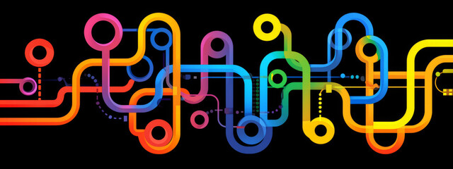 Vibrant Kaleidoscope: A Colorful Array of Lines and Circles on a Black Background