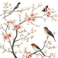 Fototapeta premium delicate watercolor illustration of birds and flowers on a clean white backdrop.