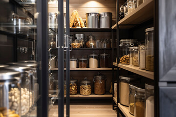 row of glass jars filled with grains and legumes sit on wooden shelves, evoking a feeling of household readiness and natural abundance. healthy eating or pantry preparation. - obrazy, fototapety, plakaty