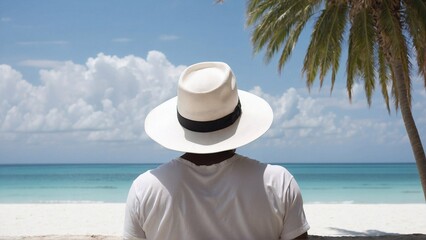 Fototapeta na wymiar man in white on the beach, blue sea background, vacation on tropical island, travel banner