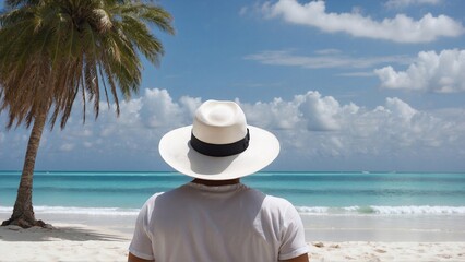 Fototapeta na wymiar man in hat on the beach, vacation on tropical island, travel banner