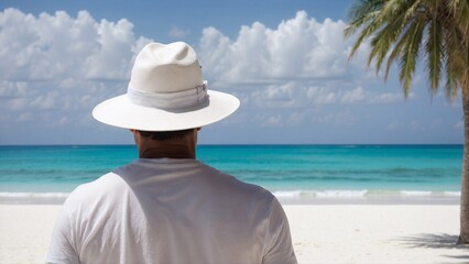 Fototapeta na wymiar person in hat on the beach, man in white, vacation on tropical island