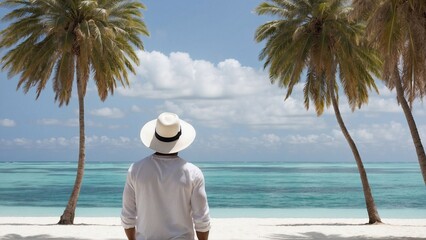 Fototapeta na wymiar man in hat on white sand beach with palms, blue color sea, travel banner