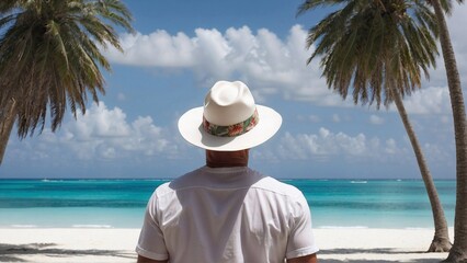 Fototapeta na wymiar man in hat on white sand beach with palms, blue color sea