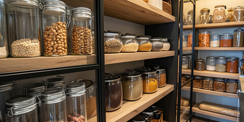 Glass jars containing various dry pantry items are arranged on wooden shelves, presenting a harmonious storage solution. modern, organized pantry, lifestyle and organizational tips. - obrazy, fototapety, plakaty
