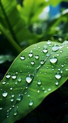 A close-up photograph of a raindrop-covered leaf. Generative AI