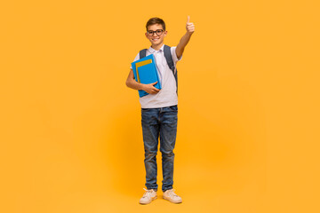 Positive teen boy with backpack and books showing thumb up at camera