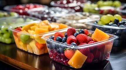 Prepared fruit assortment in plastic containers.