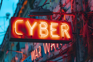 Digitale Schlacht: Das verfallene 'CYBER WAR'-Schild im urbanen Verfall - obrazy, fototapety, plakaty