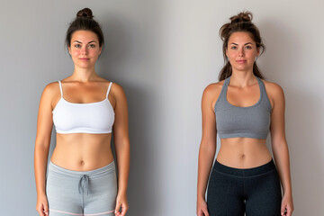 Woman posing before and after weight loss. Diet and healthy nutrition. Fitness results, get fit. Liposuction results, plastic surgery. Transformation from fat to athlete. Overweight and slim, training