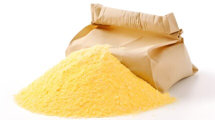 Raw cornmeal in paper bag isolated on white