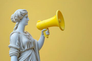 Greek statue holding loudspeaker screaming. Sculpture speaking loud in megaphone. Announcement, advertising, communication concept. Warning, announcement, notifying, free space for text
