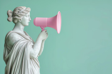 Greek statue holding loudspeaker screaming. Sculpture speaking loud in megaphone. Announcement, advertising, communication concept. Warning, announcement, notifying, free space for text
