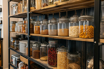  organized pantry with various dried foods in clear jars on black shelves, blend of colors and...