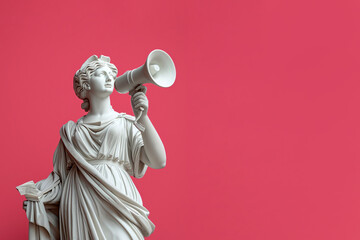 Greek statue holding loudspeaker screaming. Sculpture speaking loud in megaphone. Announcement, advertising, communication concept. Warning, announcement, notifying, free space for text