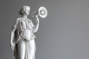 Greek statue holding loudspeaker screaming. Sculpture speaking loud in megaphone. Announcement, advertising, communication concept. Warning, announcement, notifying, free space for text