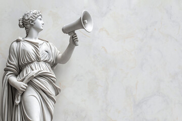 Greek statue holding loudspeaker screaming. Sculpture speaking loud in megaphone. Announcement, advertising, communication concept. Warning, announcement, notifying, free space for text