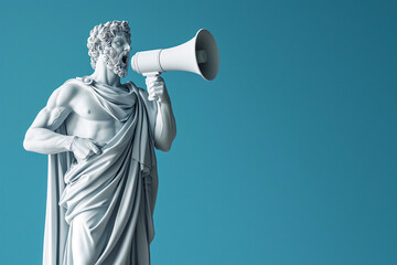 Greek statue holding loudspeaker screaming. Sculpture speaking loud in megaphone. Announcement, advertising, communication concept. Warning, announcement, notifying, free space for text
