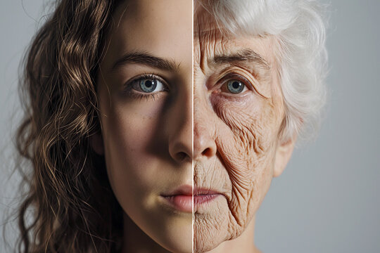 Comparison of young and aged female face, teenager and old woman. Aging, fear of passing time. Female life cycle, flow of life. 50 year difference, generations, heredity, genes. Time is running