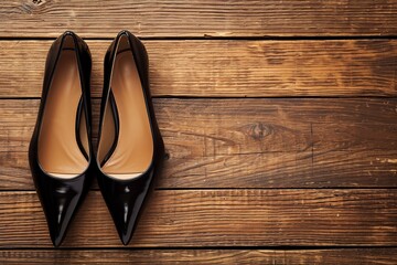 Beautiful and luxury black high heel shoes on wooden background