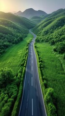 Fototapeta premium Pathway Through Paradise: A Winding Road Meanders Through Lush Green Hills, Inviting a Journey into Nature's Embrac, Generative AI