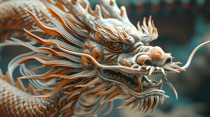 Detailed Orange and Blue Chinese Dragon Statue Art Photography