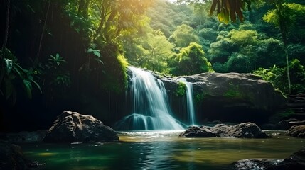 Rock or stone at waterfall. Beautiful waterfall in jungle. Waterfall in tropical forest with green tree and sunlight. Waterfall is flowing in jungle. Nature background. Green season travel in Thailand