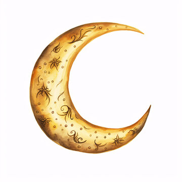 a gold crescent moon with black and gold designs