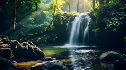 Rock or stone at waterfall. Beautiful waterfall in jungle. Waterfall in tropical forest with green tree and sunlight. Waterfall is flowing in jungle. Nature background. Green season travel in Thailand