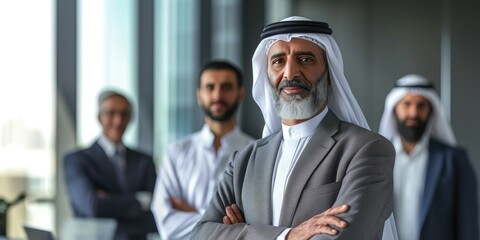 Middle aged businessman Arabic sheikh in office with business partners