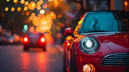 Naklejka premium Red Car Headlight Bokeh Effect Evening City Lights Reflections
