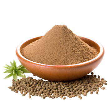 pile of finely dry organic fresh raw ajwain carom powder in wooden bowl png isolated on white background. bright colored of herbal, spice or seasoning recipes clipping path. selective focus