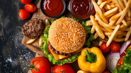 Classic Cheeseburger and Fries Fast Food Meal with Fresh Ingredients