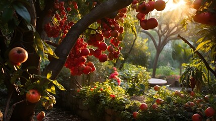 Stunning autumn garden with ripe pomegranates. Lush trees bear big, beautiful fruits. - obrazy, fototapety, plakaty