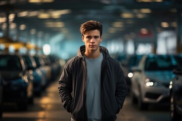 Handsome man standing on car parking background
