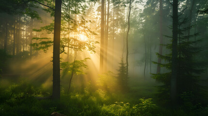 Misty Forest Sunrise with Sunbeams Through Trees