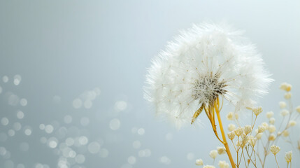 Dandelion Seed Head with Dew Drops Against a Soft Light Background