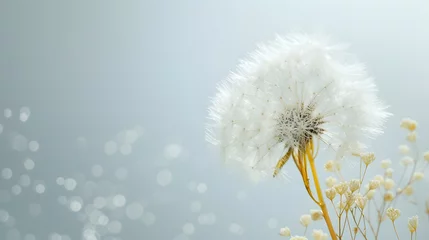 Foto op Plexiglas Dandelion Seed Head with Dew Drops Against a Soft Light Background © HappyKris