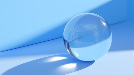 Transparent Glass Sphere on Blue Background with Reflection and Refraction