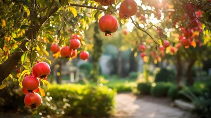 Stunning autumn garden with ripe pomegranates. Lush trees bear big, beautiful fruits. - obrazy, fototapety, plakaty